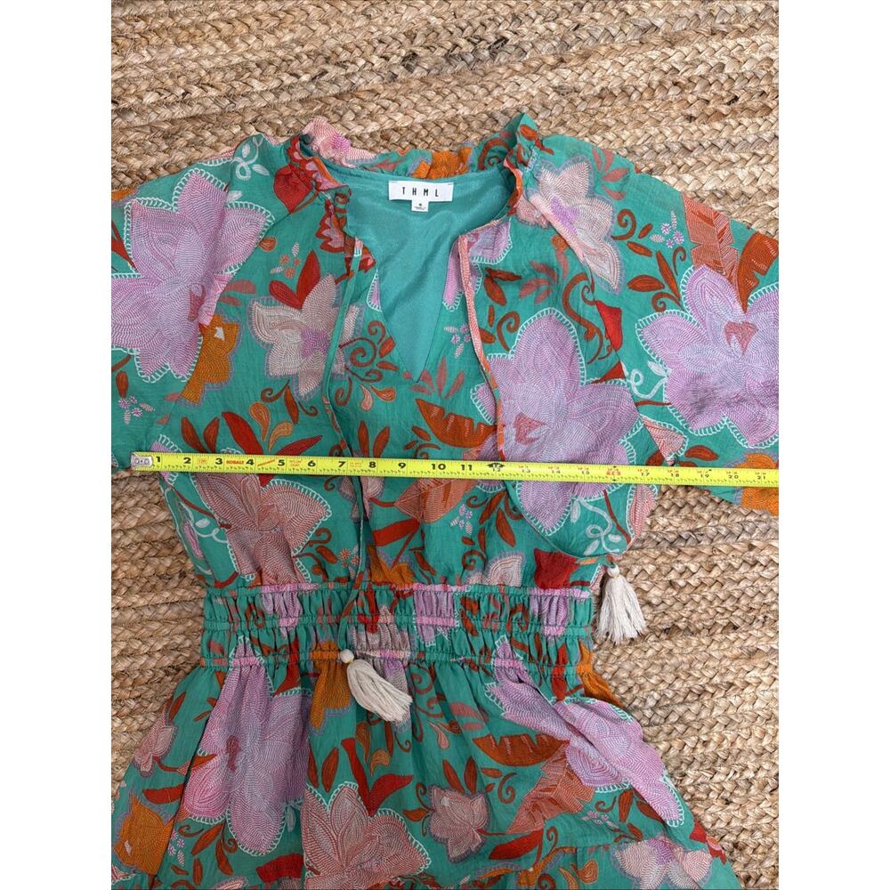 THML Green Floral Boho Maxi Dress W/Blooms Smock Waist Tassel Tie Size S - Picture 5 of 8